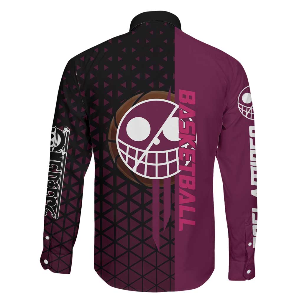Donquixote Doflamingo One Piece Basketball Theme Maroon and Black Design Family Matching Mermaid Dress and Hawaiian Shirt with Smiling Emblem and Aggressive Pose