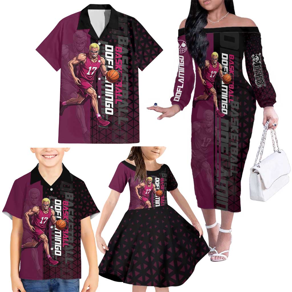 Donquixote Doflamingo One Piece Basketball Theme Maroon and Black Design Family Matching Off The Shoulder Long Sleeve Dress and Hawaiian Shirt with Smiling Emblem and Aggressive Pose