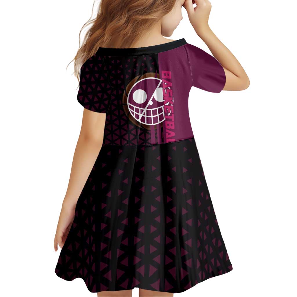 Donquixote Doflamingo One Piece Basketball Theme Maroon and Black Design Family Matching Off The Shoulder Long Sleeve Dress and Hawaiian Shirt with Smiling Emblem and Aggressive Pose