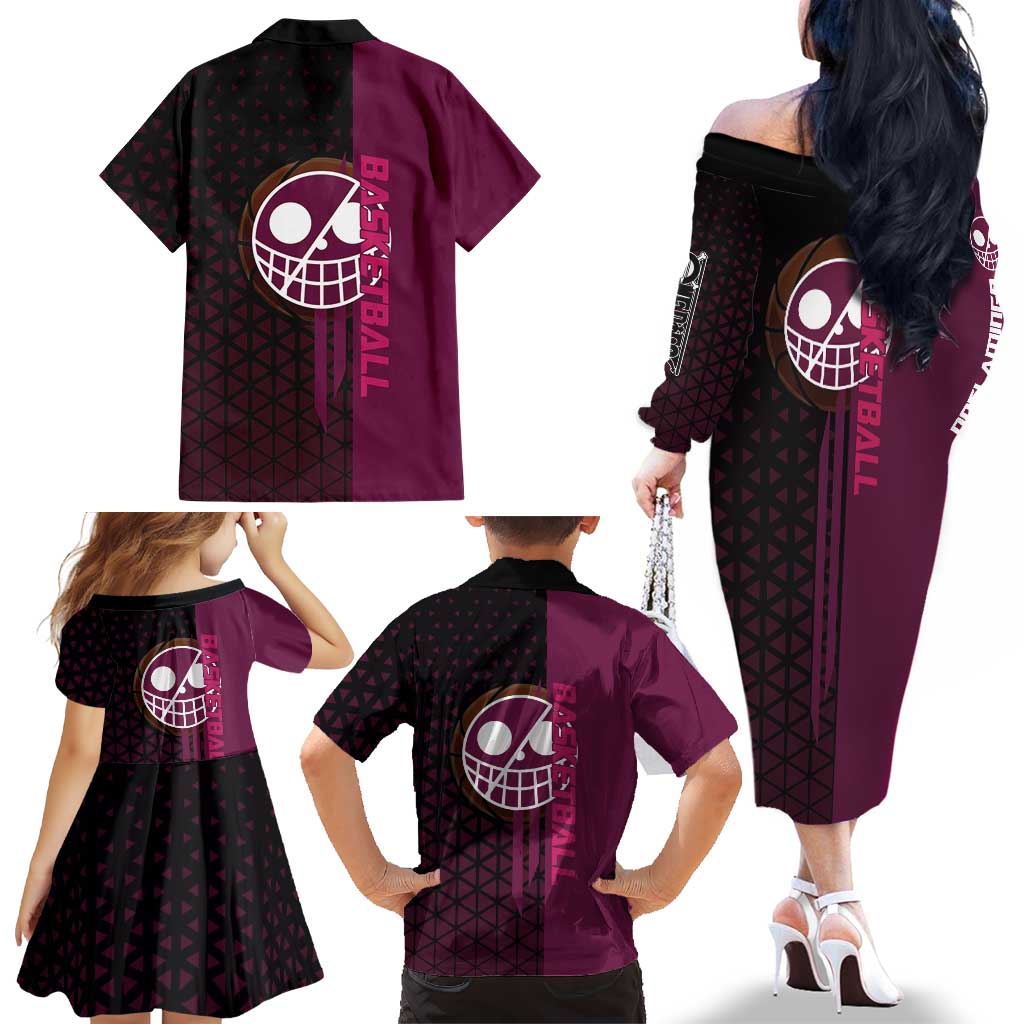 Donquixote Doflamingo One Piece Basketball Theme Maroon and Black Design Family Matching Off The Shoulder Long Sleeve Dress and Hawaiian Shirt with Smiling Emblem and Aggressive Pose