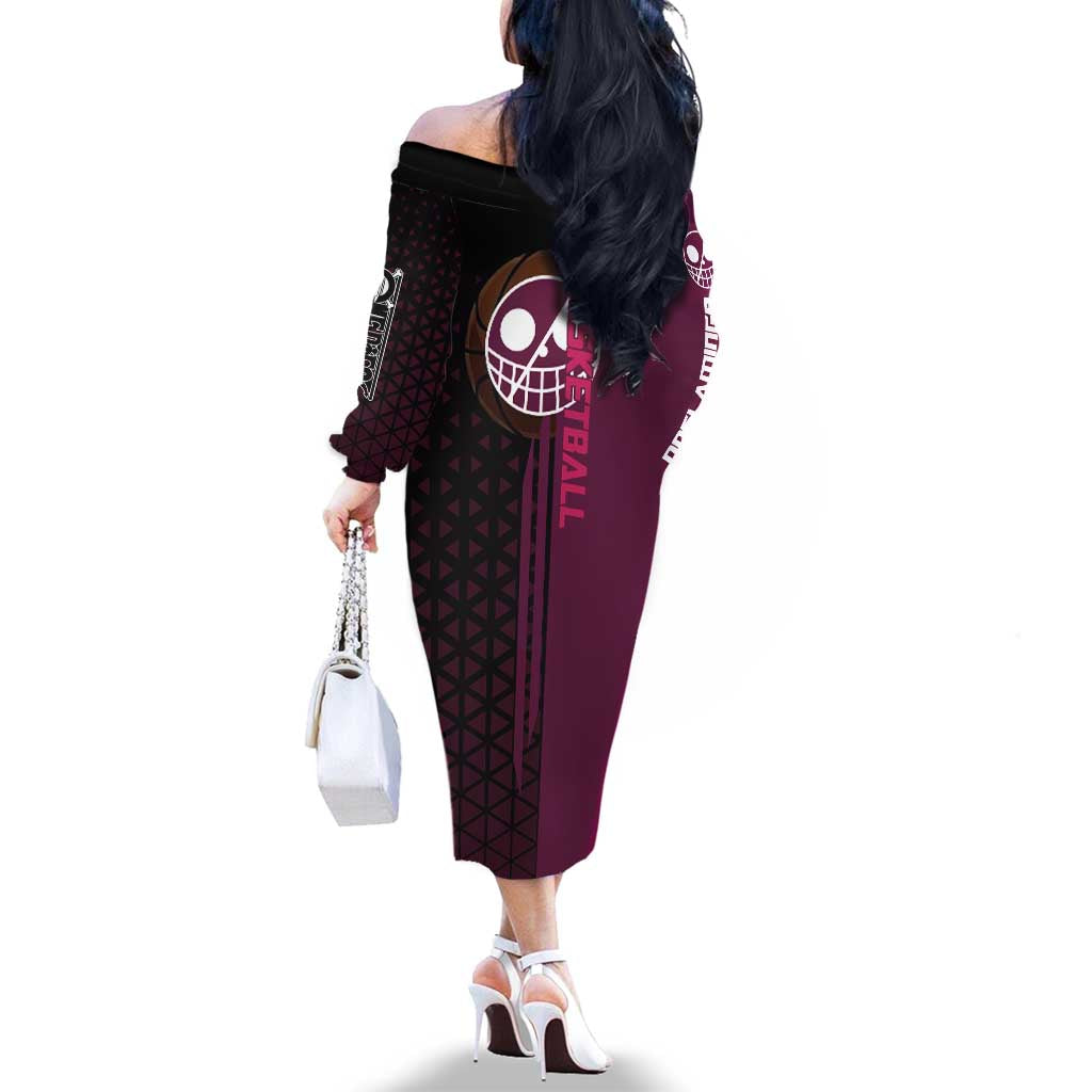 Donquixote Doflamingo One Piece Basketball Theme Maroon and Black Design Family Matching Off The Shoulder Long Sleeve Dress and Hawaiian Shirt with Smiling Emblem and Aggressive Pose