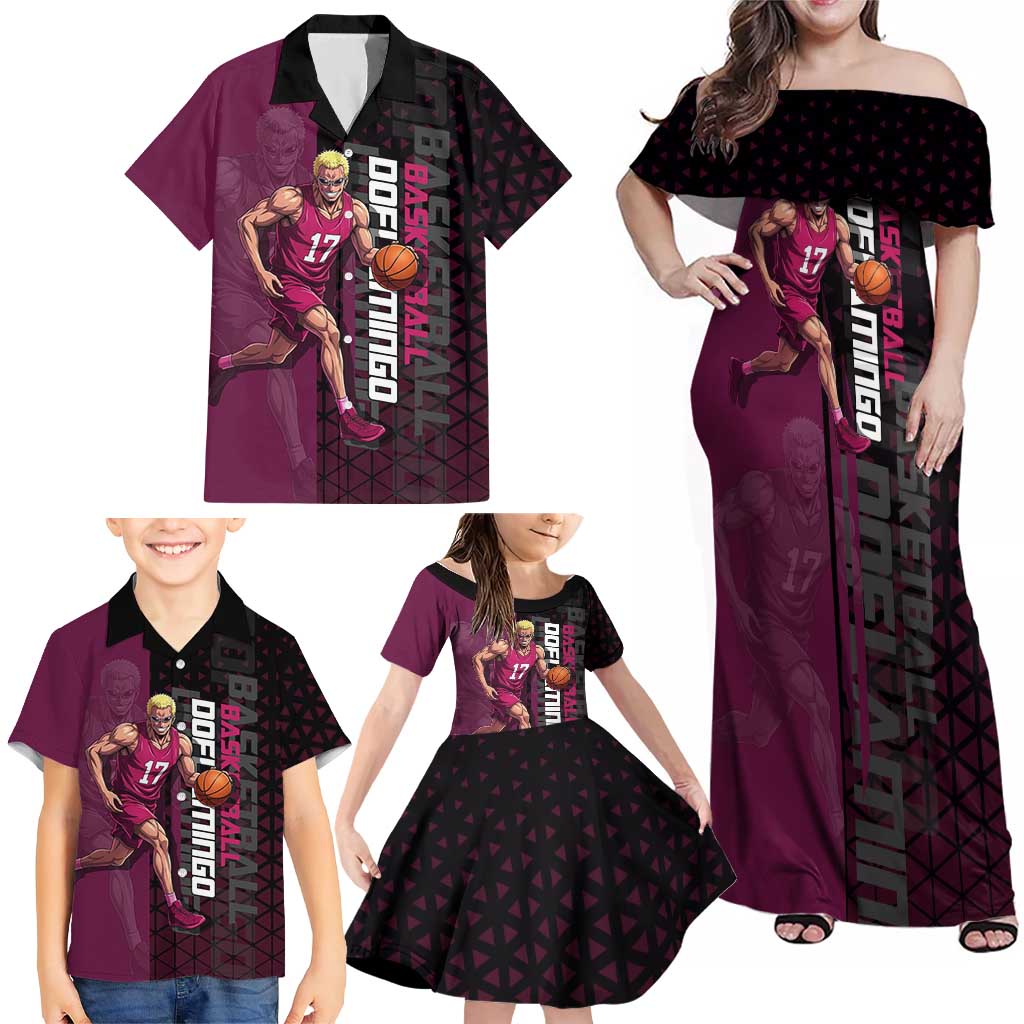Donquixote Doflamingo One Piece Basketball Theme Maroon and Black Design Family Matching Off Shoulder Maxi Dress and Hawaiian Shirt with Smiling Emblem and Aggressive Pose