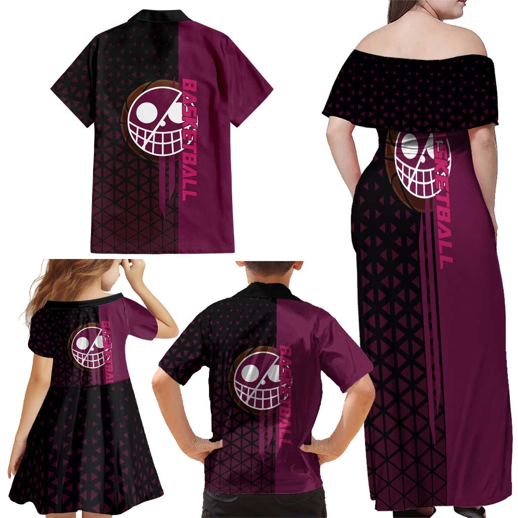 Donquixote Doflamingo One Piece Basketball Theme Maroon and Black Design Family Matching Off Shoulder Maxi Dress and Hawaiian Shirt with Smiling Emblem and Aggressive Pose