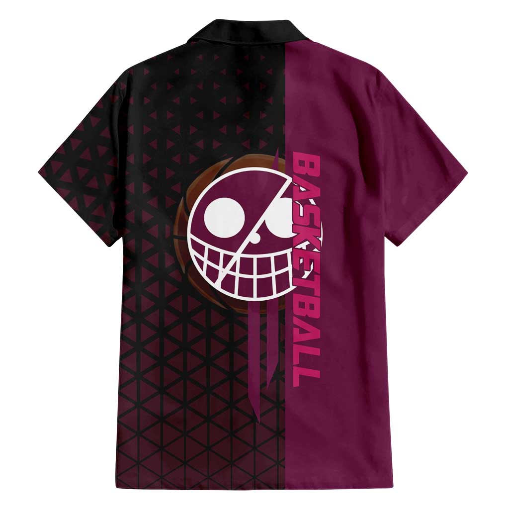 Donquixote Doflamingo One Piece Basketball Theme Maroon and Black Design Family Matching Off Shoulder Maxi Dress and Hawaiian Shirt with Smiling Emblem and Aggressive Pose