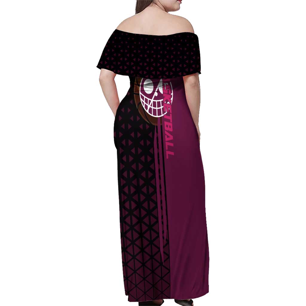 Donquixote Doflamingo One Piece Basketball Theme Maroon and Black Design Family Matching Off Shoulder Maxi Dress and Hawaiian Shirt with Smiling Emblem and Aggressive Pose