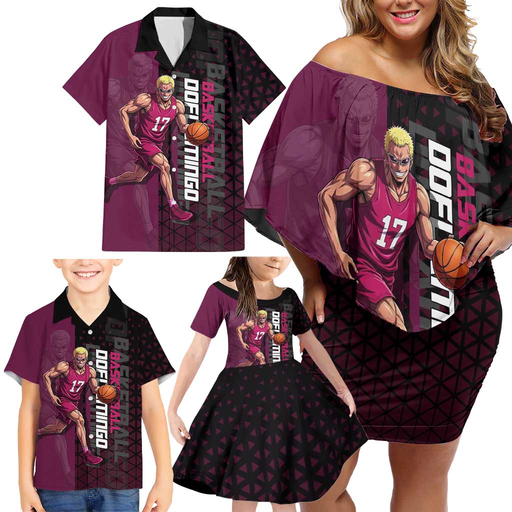 Donquixote Doflamingo One Piece Basketball Theme Maroon and Black Design Family Matching Off Shoulder Short Dress and Hawaiian Shirt with Smiling Emblem and Aggressive Pose