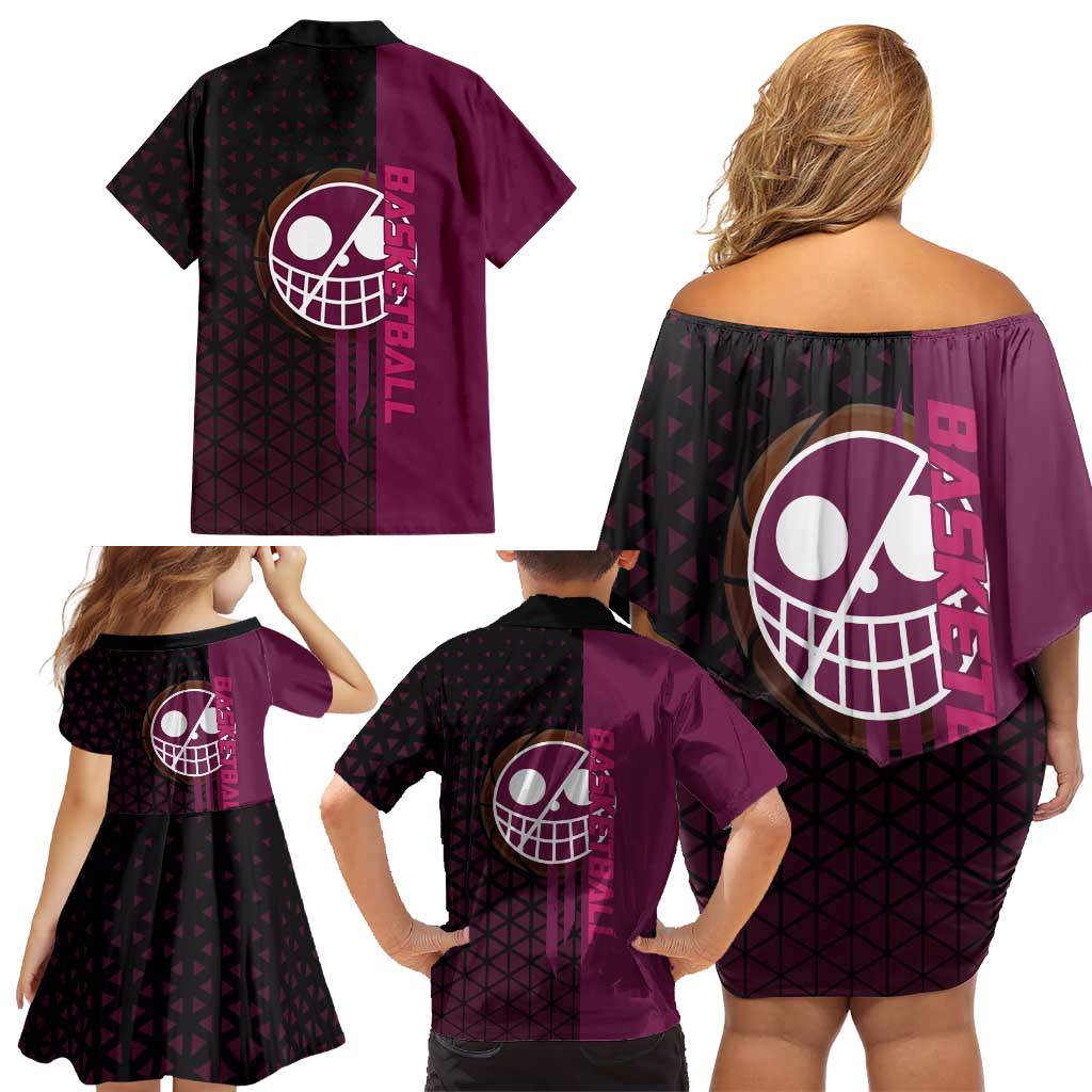 Donquixote Doflamingo One Piece Basketball Theme Maroon and Black Design Family Matching Off Shoulder Short Dress and Hawaiian Shirt with Smiling Emblem and Aggressive Pose