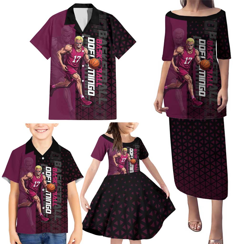 Donquixote Doflamingo One Piece Basketball Theme Maroon and Black Design Family Matching Puletasi and Hawaiian Shirt with Smiling Emblem and Aggressive Pose