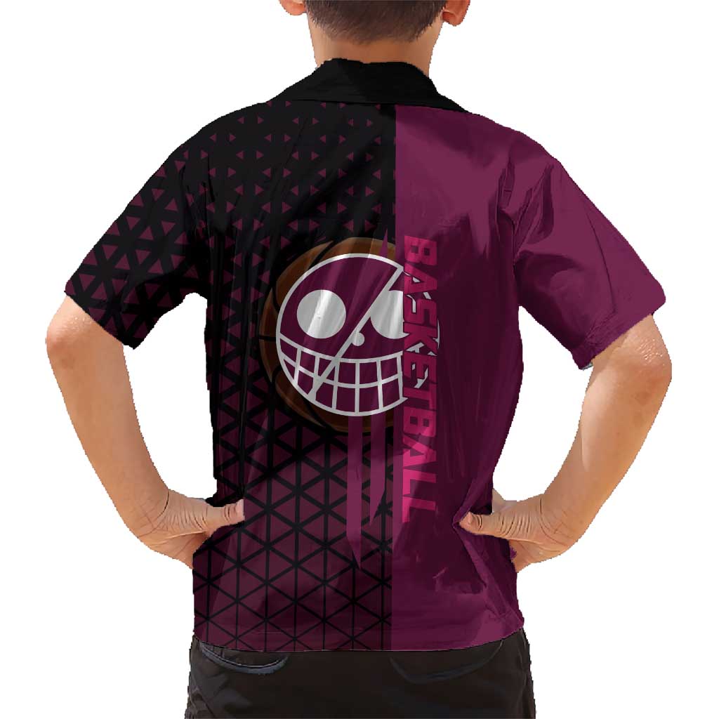 Donquixote Doflamingo One Piece Basketball Theme Maroon and Black Design Family Matching Puletasi and Hawaiian Shirt with Smiling Emblem and Aggressive Pose