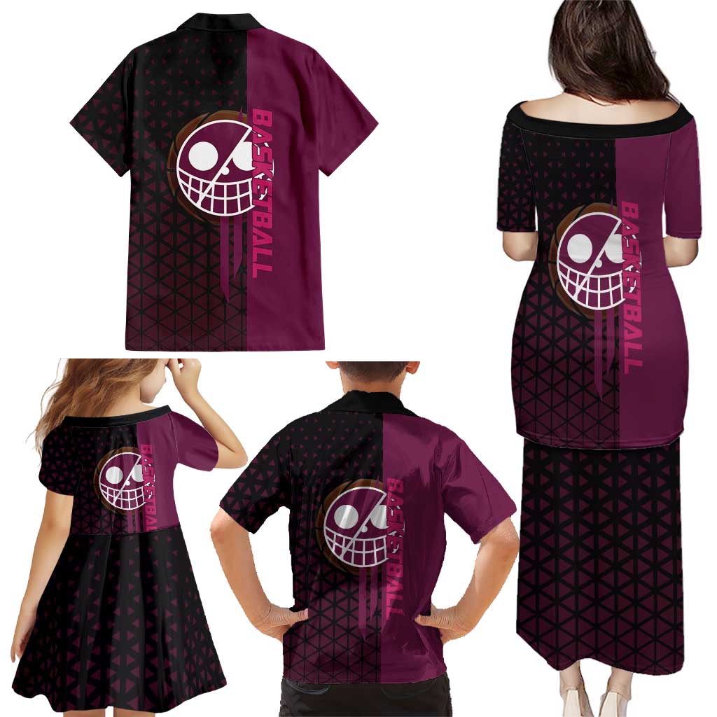 Donquixote Doflamingo One Piece Basketball Theme Maroon and Black Design Family Matching Puletasi and Hawaiian Shirt with Smiling Emblem and Aggressive Pose