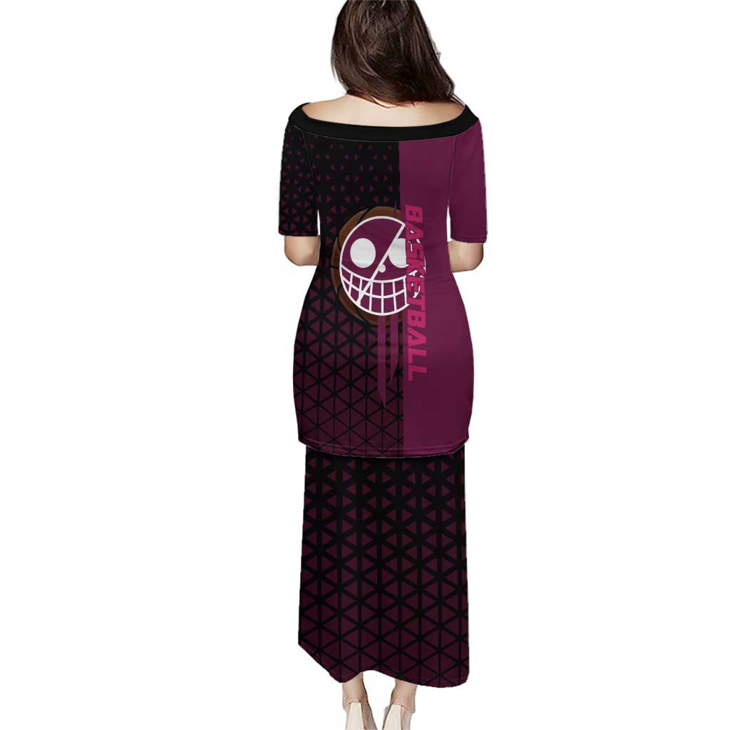Donquixote Doflamingo One Piece Basketball Theme Maroon and Black Design Family Matching Puletasi and Hawaiian Shirt with Smiling Emblem and Aggressive Pose