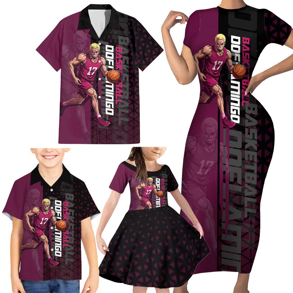 Donquixote Doflamingo One Piece Basketball Theme Maroon and Black Design Family Matching Short Sleeve Bodycon Dress and Hawaiian Shirt with Smiling Emblem and Aggressive Pose