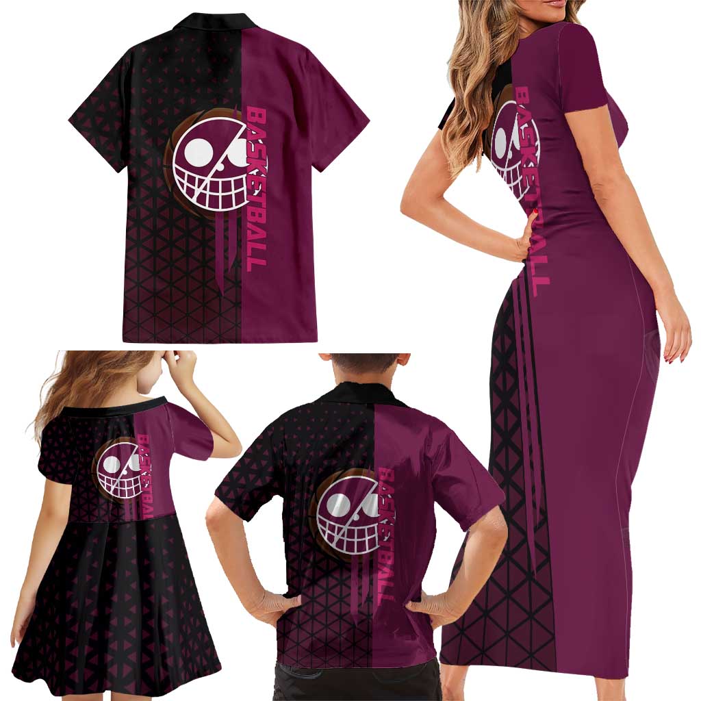Donquixote Doflamingo One Piece Basketball Theme Maroon and Black Design Family Matching Short Sleeve Bodycon Dress and Hawaiian Shirt with Smiling Emblem and Aggressive Pose