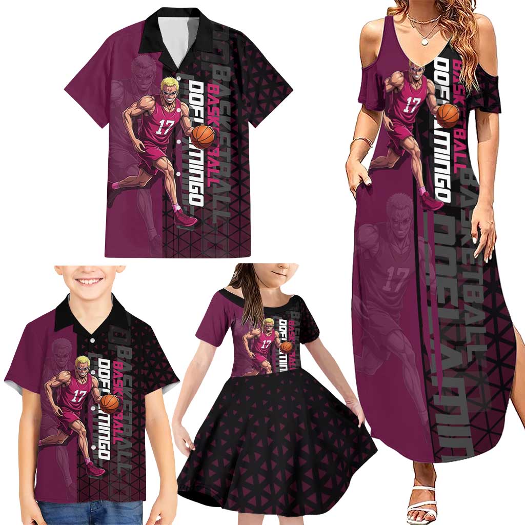 Donquixote Doflamingo One Piece Basketball Theme Maroon and Black Design Family Matching Summer Maxi Dress and Hawaiian Shirt with Smiling Emblem and Aggressive Pose