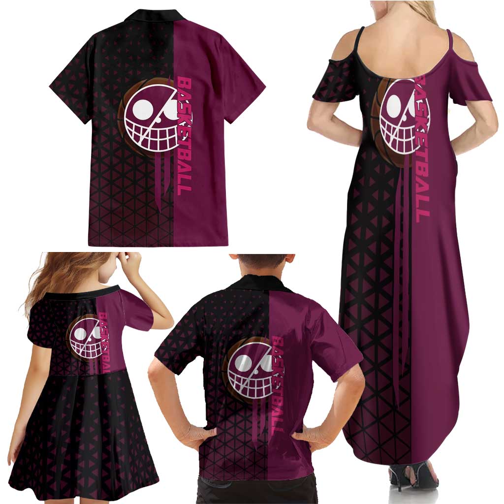 Donquixote Doflamingo One Piece Basketball Theme Maroon and Black Design Family Matching Summer Maxi Dress and Hawaiian Shirt with Smiling Emblem and Aggressive Pose