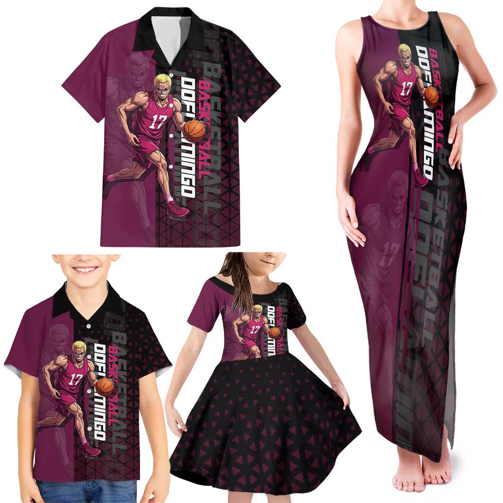 Donquixote Doflamingo One Piece Basketball Theme Maroon and Black Design Family Matching Tank Maxi Dress and Hawaiian Shirt with Smiling Emblem and Aggressive Pose