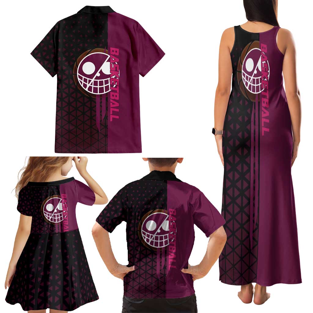 Donquixote Doflamingo One Piece Basketball Theme Maroon and Black Design Family Matching Tank Maxi Dress and Hawaiian Shirt with Smiling Emblem and Aggressive Pose