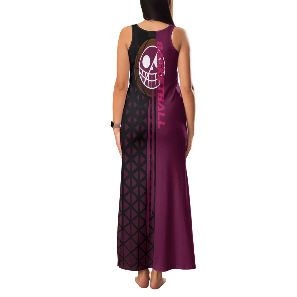 Donquixote Doflamingo One Piece Basketball Theme Maroon and Black Design Family Matching Tank Maxi Dress and Hawaiian Shirt with Smiling Emblem and Aggressive Pose