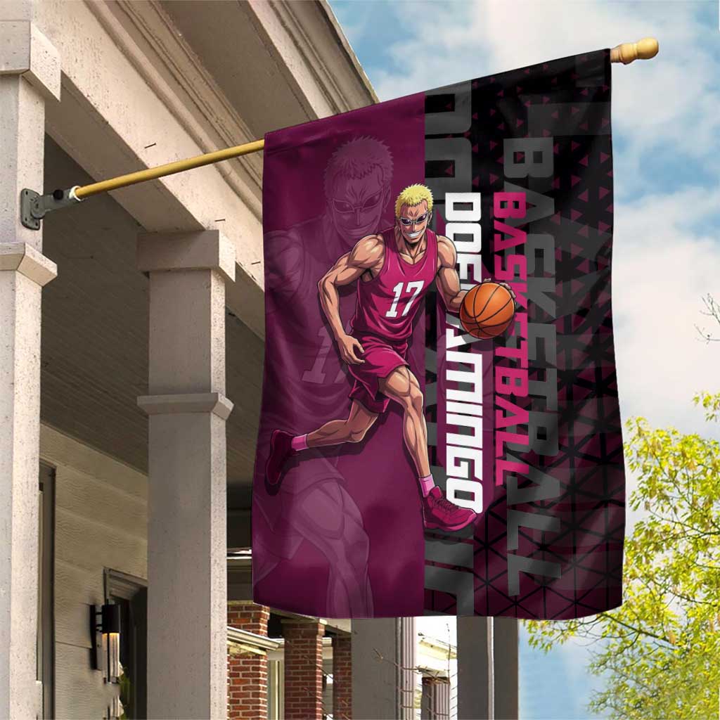 Donquixote Doflamingo One Piece Basketball Theme Maroon and Black Design Garden Flag with Smiling Emblem and Aggressive Pose - The Mazicc