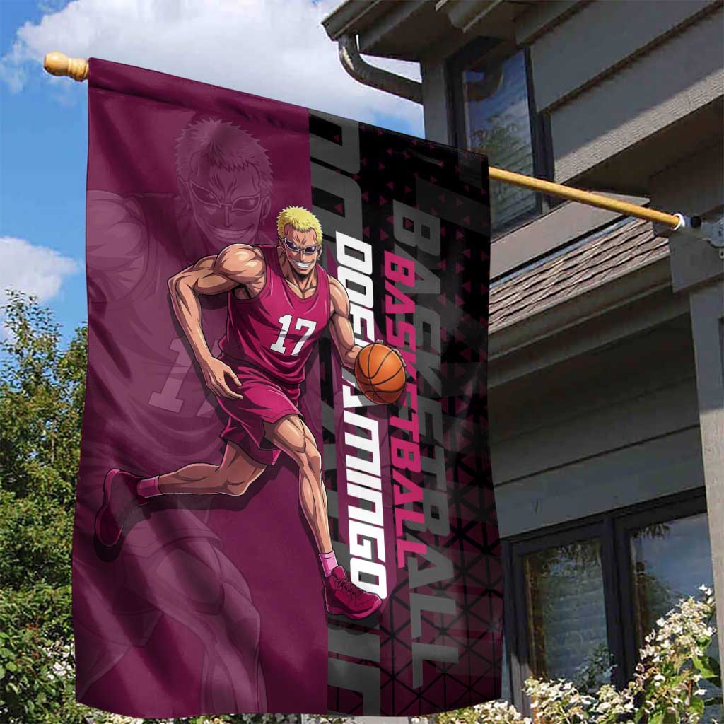 Donquixote Doflamingo One Piece Basketball Theme Maroon and Black Design Garden Flag with Smiling Emblem and Aggressive Pose - The Mazicc
