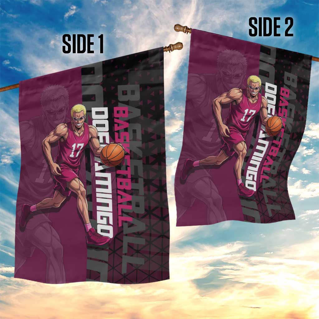 Donquixote Doflamingo One Piece Basketball Theme Maroon and Black Design Garden Flag with Smiling Emblem and Aggressive Pose - The Mazicc