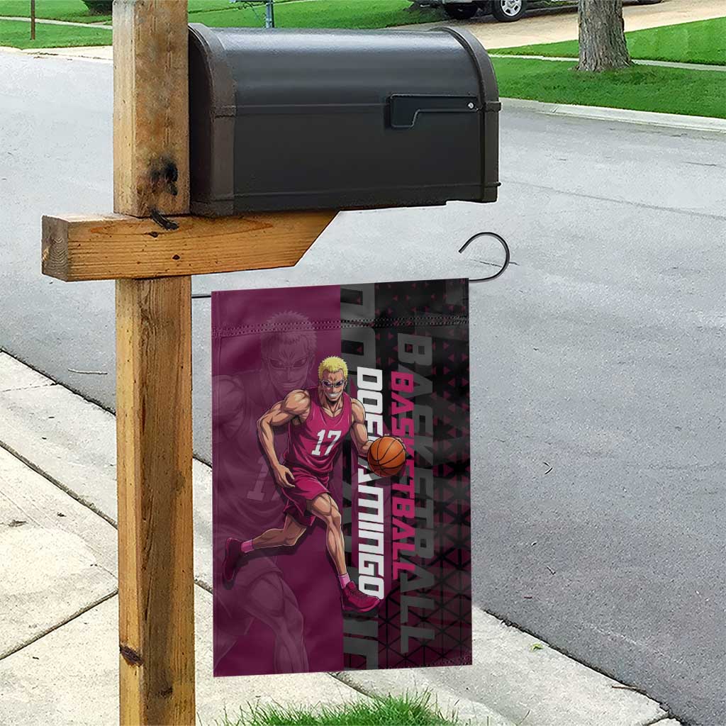Donquixote Doflamingo One Piece Basketball Theme Maroon and Black Design Garden Flag with Smiling Emblem and Aggressive Pose - The Mazicc
