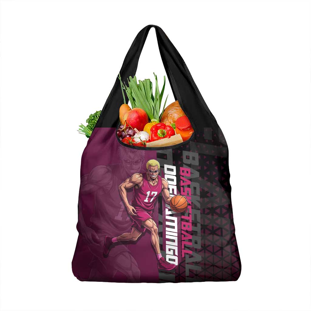 Donquixote Doflamingo One Piece Basketball Theme Maroon and Black Design Grocery Bag with Smiling Emblem and Aggressive Pose - The Mazicc