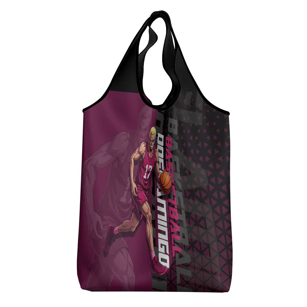 Donquixote Doflamingo One Piece Basketball Theme Maroon and Black Design Grocery Bag with Smiling Emblem and Aggressive Pose - The Mazicc