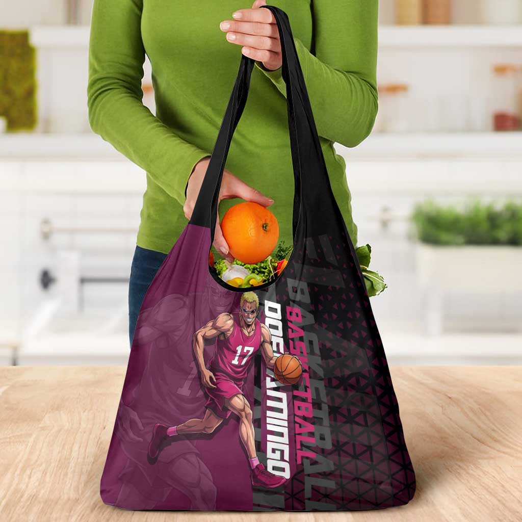 Donquixote Doflamingo One Piece Basketball Theme Maroon and Black Design Grocery Bag with Smiling Emblem and Aggressive Pose - The Mazicc