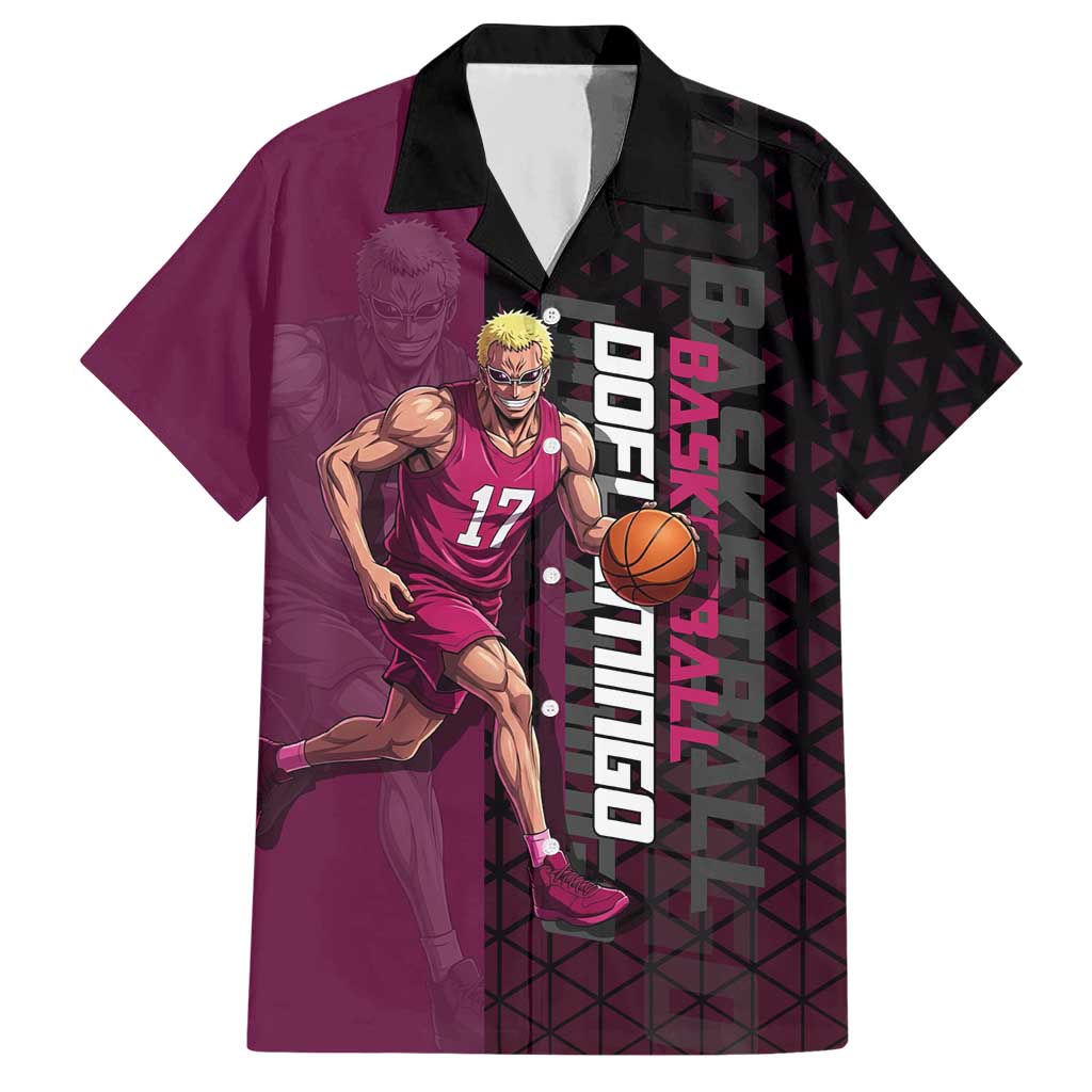 Donquixote Doflamingo One Piece Basketball Theme Maroon and Black Design Hawaiian Shirt with Smiling Emblem and Aggressive Pose - The Mazicc