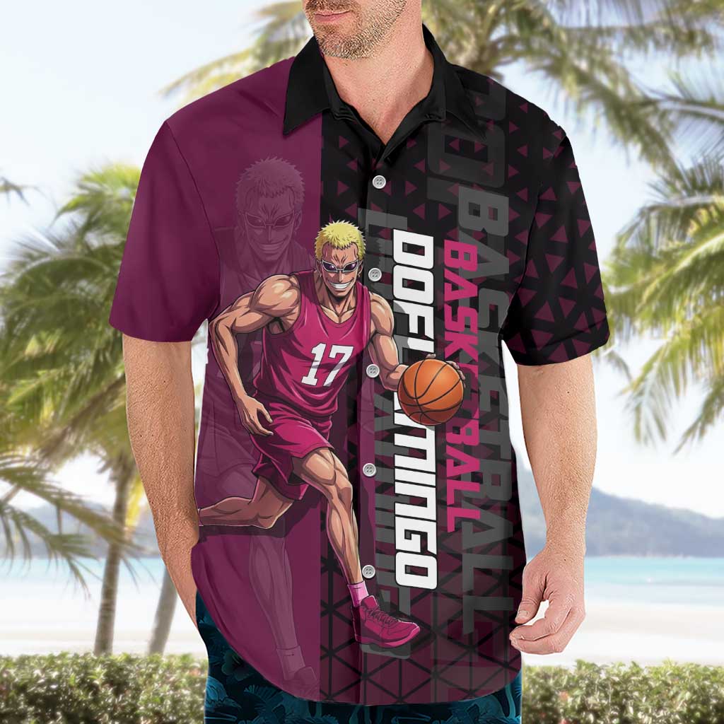Donquixote Doflamingo One Piece Basketball Theme Maroon and Black Design Hawaiian Shirt with Smiling Emblem and Aggressive Pose - The Mazicc