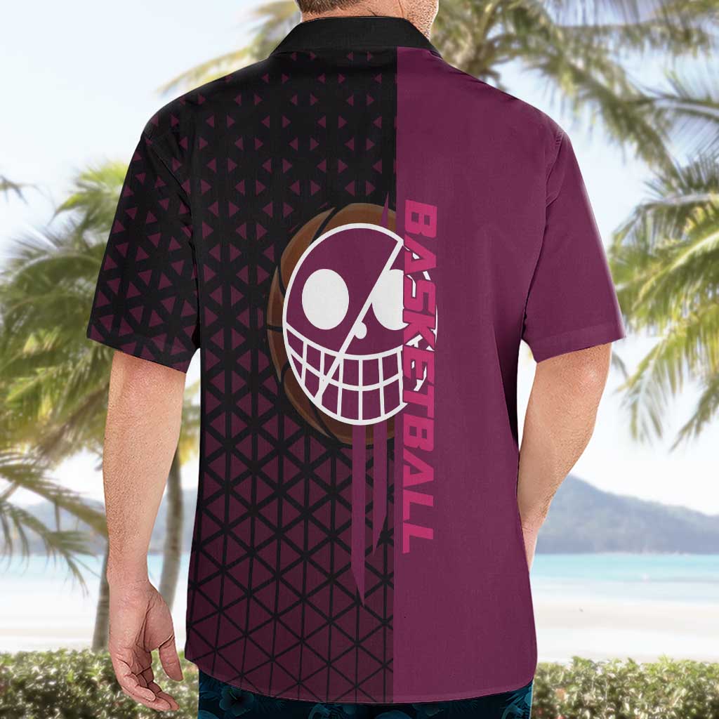 Donquixote Doflamingo One Piece Basketball Theme Maroon and Black Design Hawaiian Shirt with Smiling Emblem and Aggressive Pose - The Mazicc