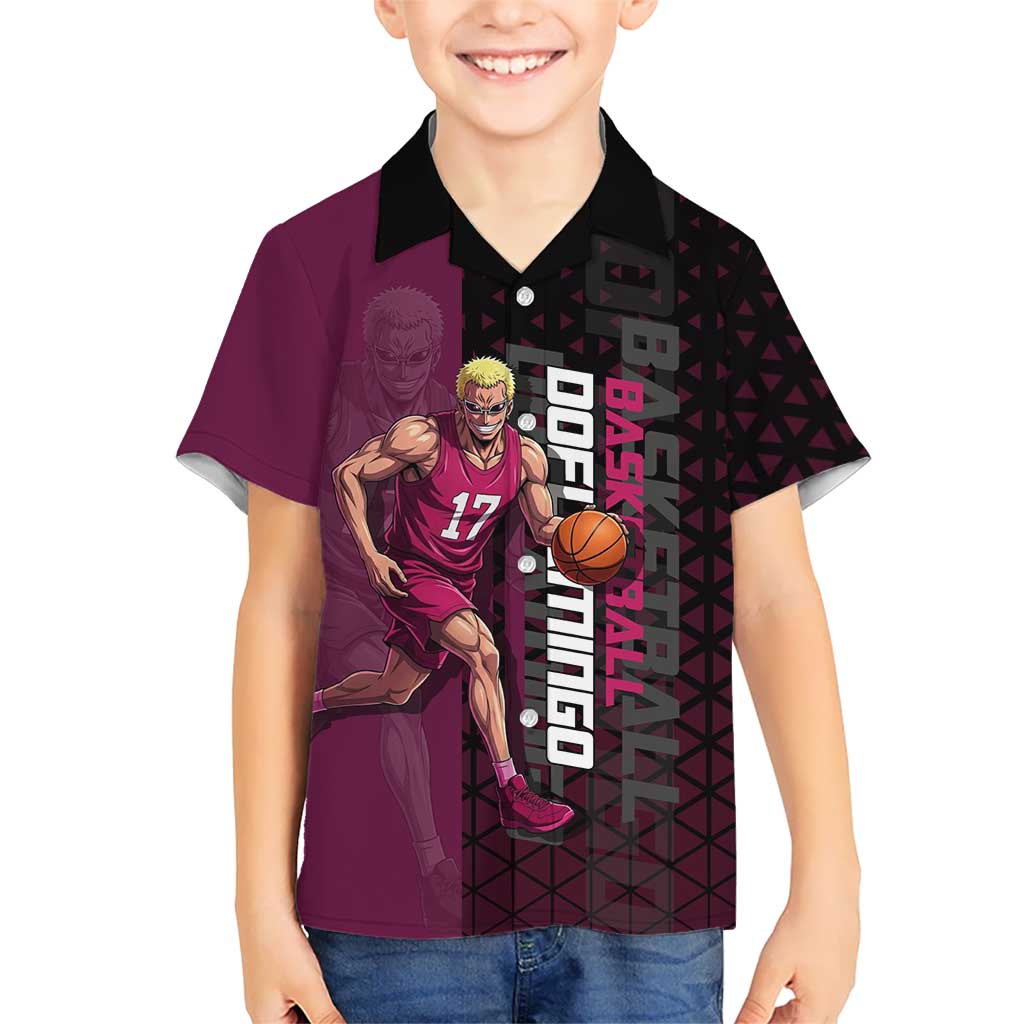 Donquixote Doflamingo One Piece Basketball Theme Maroon and Black Design Hawaiian Shirt with Smiling Emblem and Aggressive Pose - The Mazicc
