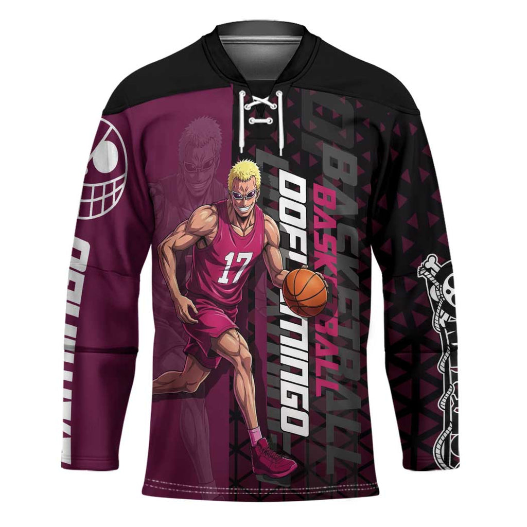Donquixote Doflamingo One Piece Basketball Theme Maroon and Black Design Hockey Jersey with Smiling Emblem and Aggressive Pose - The Mazicc