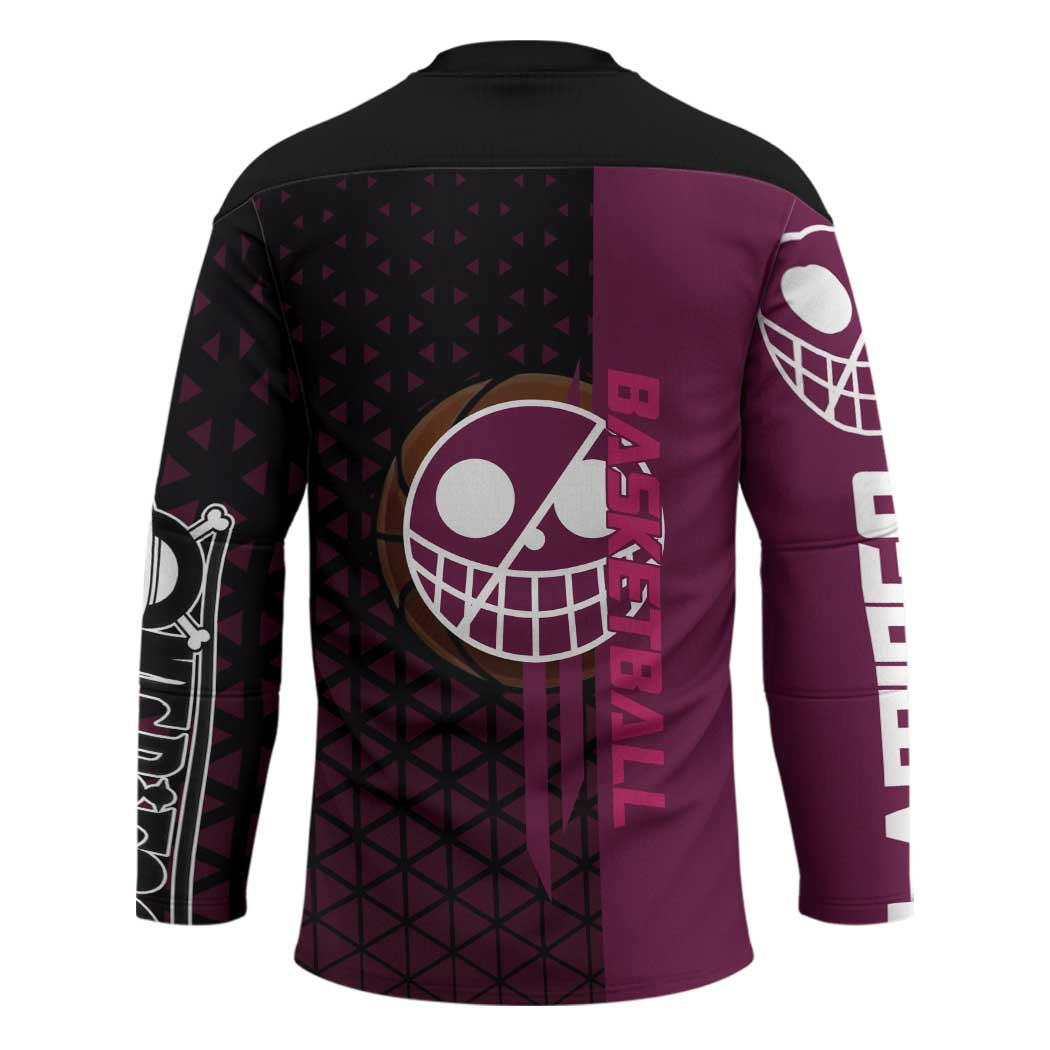 Donquixote Doflamingo One Piece Basketball Theme Maroon and Black Design Hockey Jersey with Smiling Emblem and Aggressive Pose - The Mazicc