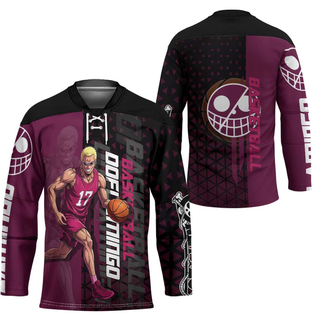 Donquixote Doflamingo One Piece Basketball Theme Maroon and Black Design Hockey Jersey with Smiling Emblem and Aggressive Pose - The Mazicc