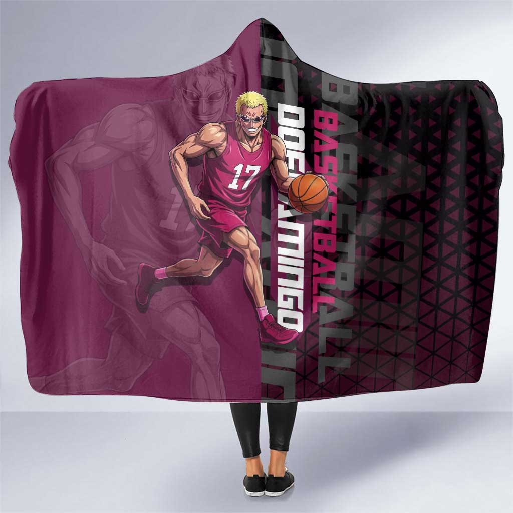Donquixote Doflamingo One Piece Basketball Theme Maroon and Black Design Hooded Blanket with Smiling Emblem and Aggressive Pose - The Mazicc