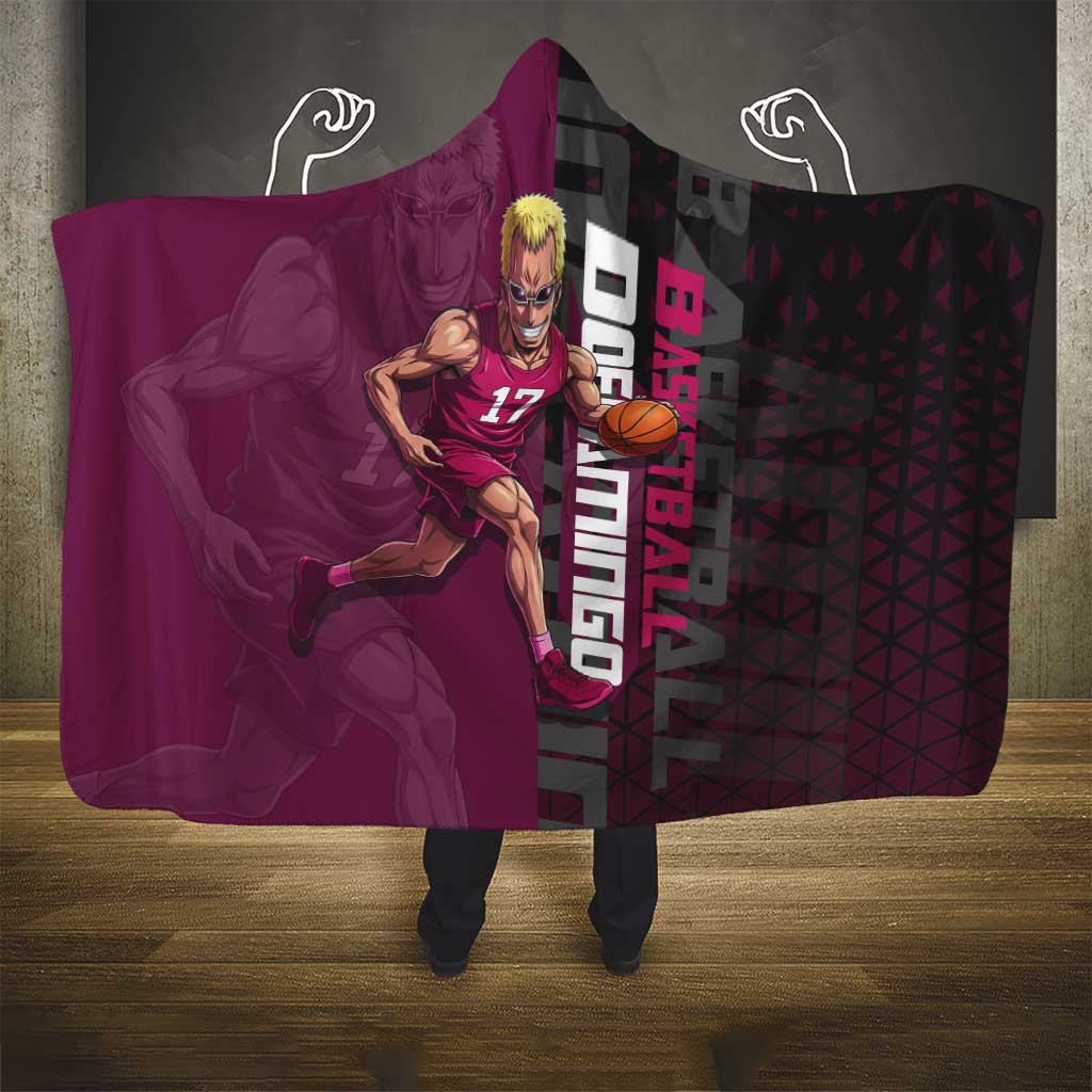 Donquixote Doflamingo One Piece Basketball Theme Maroon and Black Design Hooded Blanket with Smiling Emblem and Aggressive Pose - The Mazicc