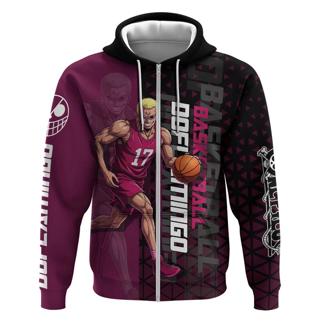 Donquixote Doflamingo One Piece Basketball Theme Maroon and Black Design Hoodie with Smiling Emblem and Aggressive Pose - The Mazicc
