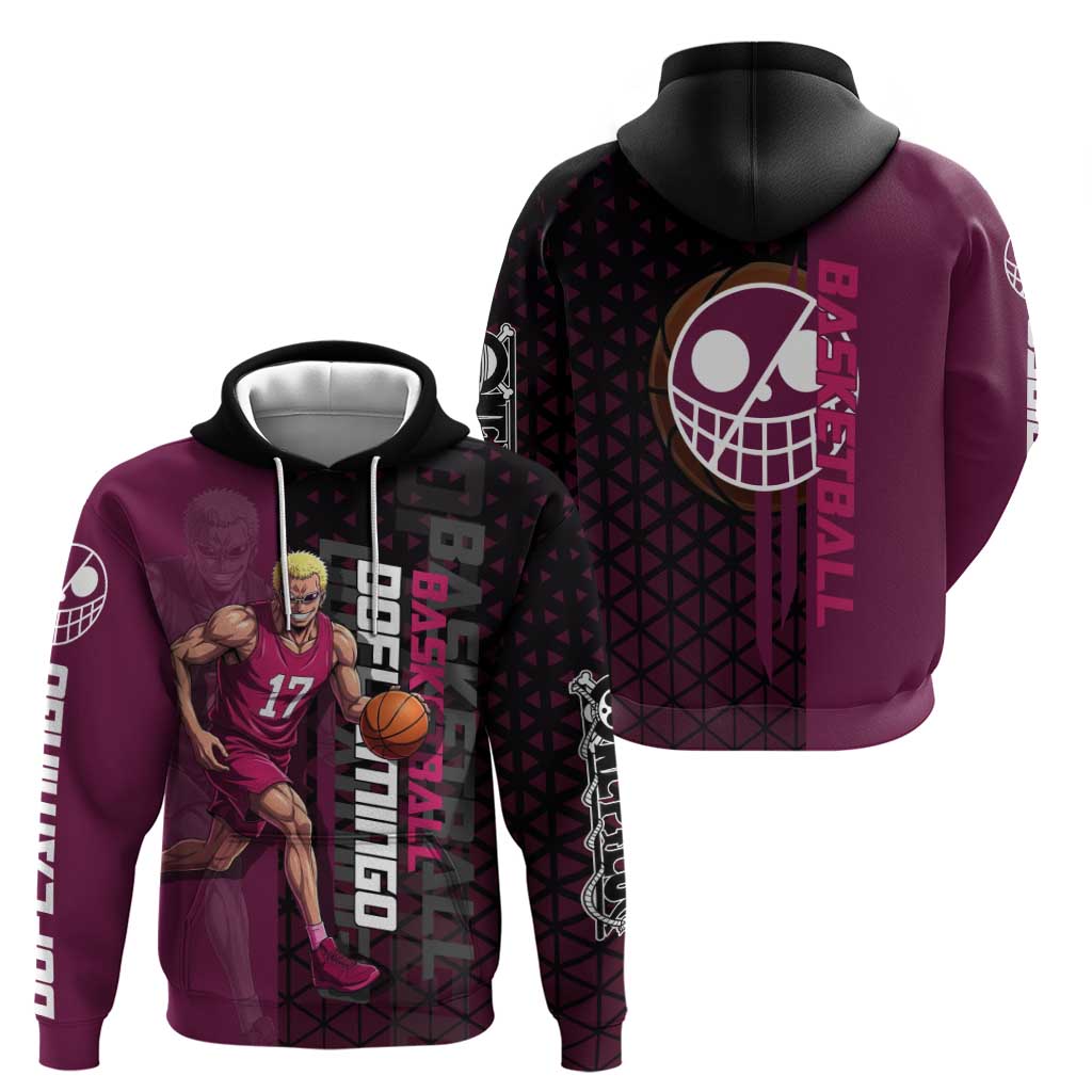 Donquixote Doflamingo One Piece Basketball Theme Maroon and Black Design Hoodie with Smiling Emblem and Aggressive Pose - The Mazicc