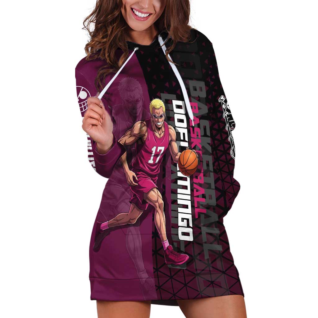 Donquixote Doflamingo One Piece Basketball Theme Maroon and Black Design Hoodie Dress with Smiling Emblem and Aggressive Pose - The Mazicc