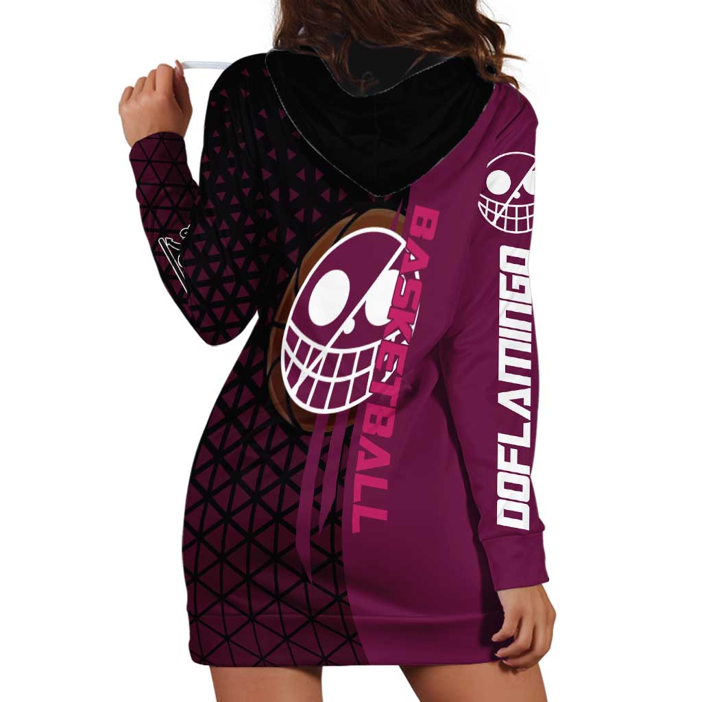 Donquixote Doflamingo One Piece Basketball Theme Maroon and Black Design Hoodie Dress with Smiling Emblem and Aggressive Pose - The Mazicc