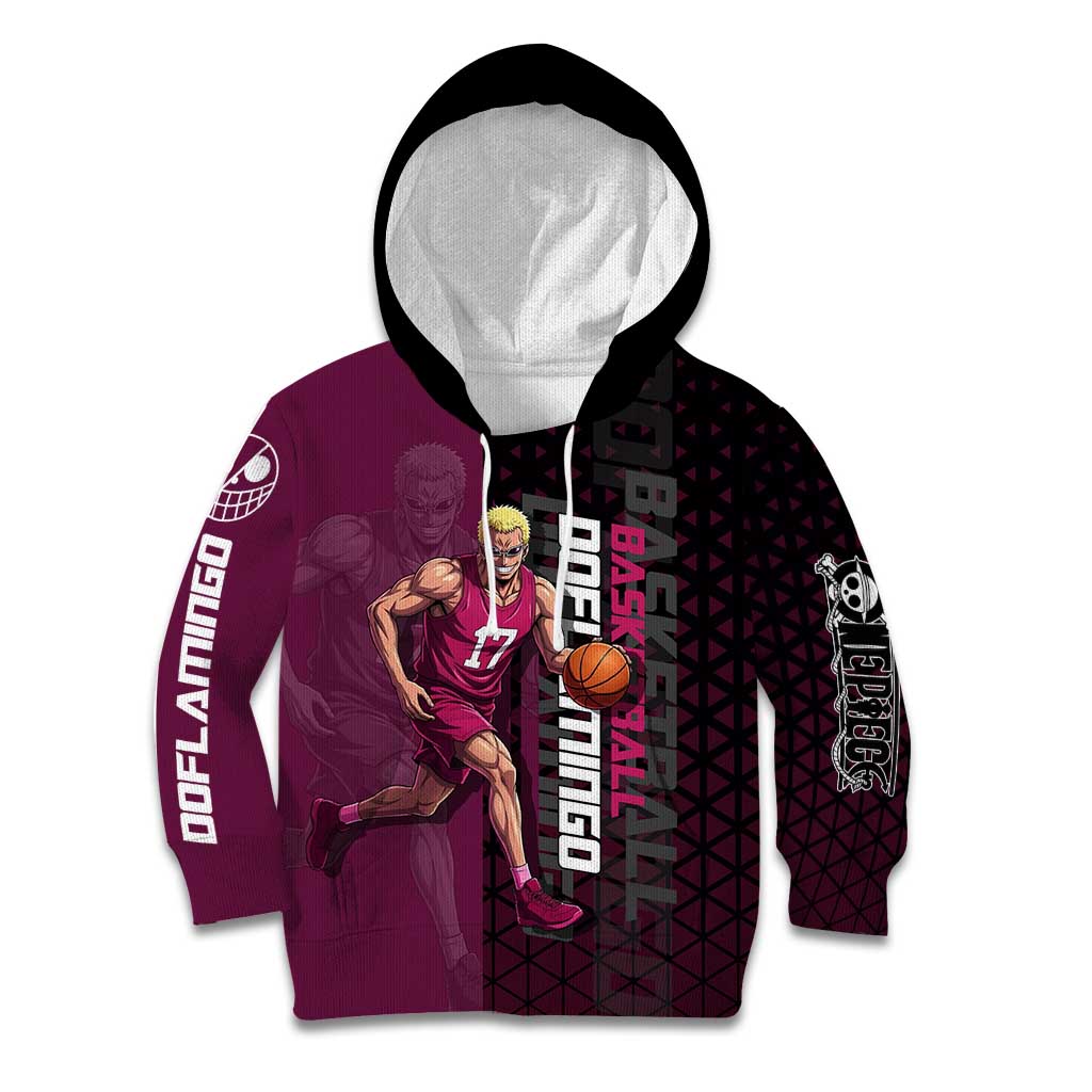 Donquixote Doflamingo One Piece Basketball Theme Maroon and Black Design Kid Hoodie with Smiling Emblem and Aggressive Pose - The Mazicc