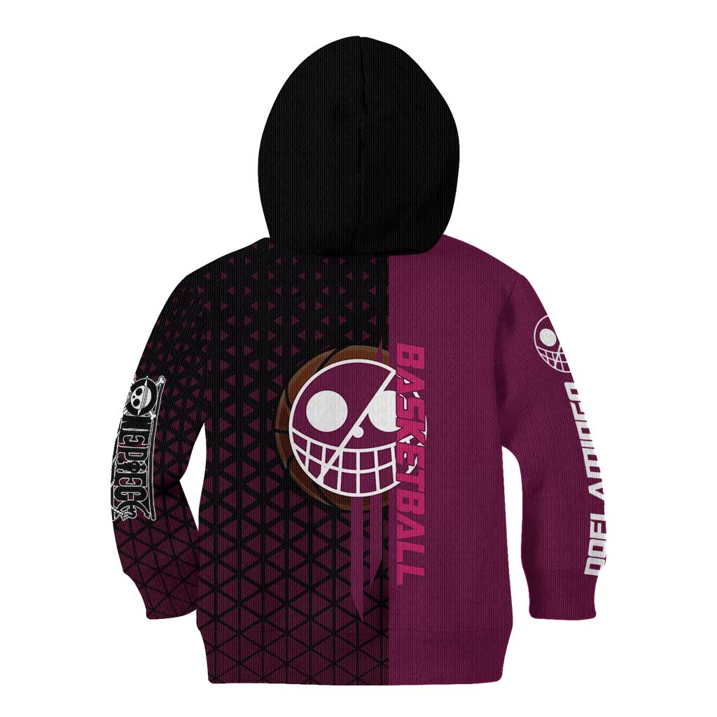 Donquixote Doflamingo One Piece Basketball Theme Maroon and Black Design Kid Hoodie with Smiling Emblem and Aggressive Pose - The Mazicc