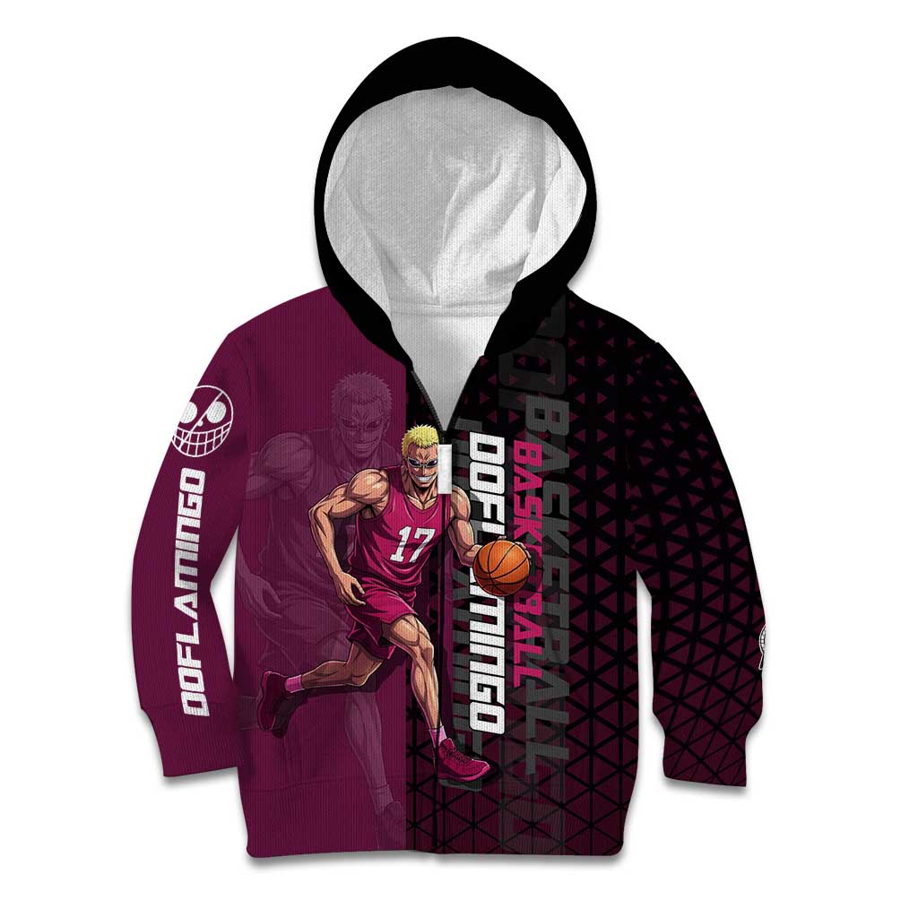Donquixote Doflamingo One Piece Basketball Theme Maroon and Black Design Kid Hoodie with Smiling Emblem and Aggressive Pose - The Mazicc
