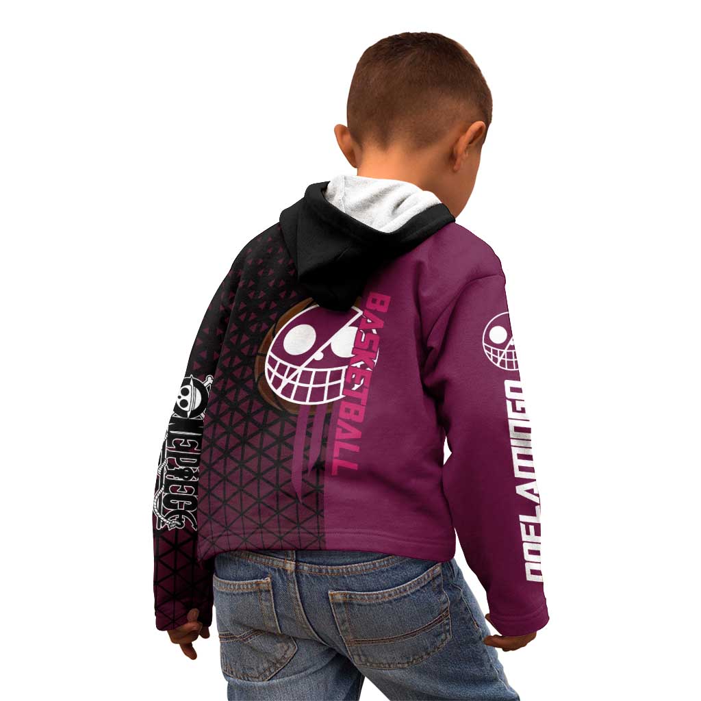 Donquixote Doflamingo One Piece Basketball Theme Maroon and Black Design Kid Hoodie with Smiling Emblem and Aggressive Pose - The Mazicc