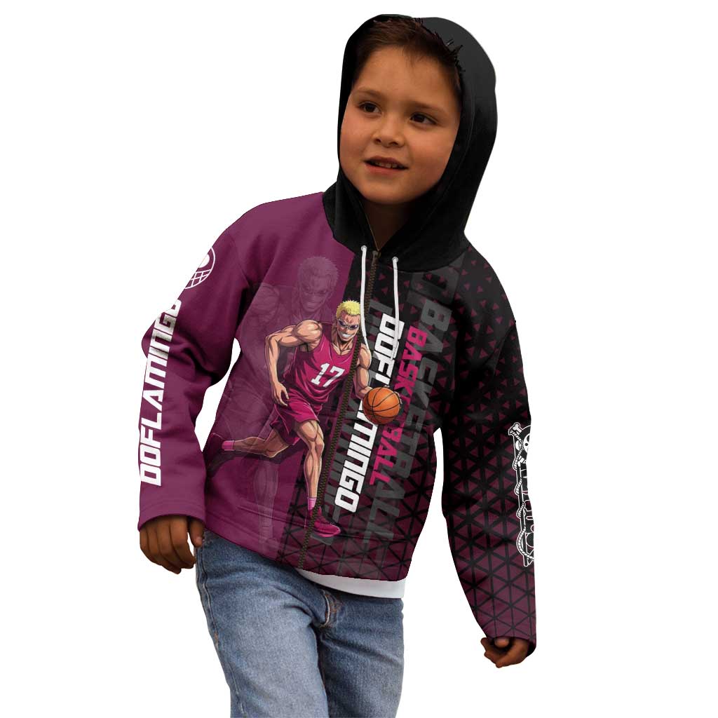 Donquixote Doflamingo One Piece Basketball Theme Maroon and Black Design Kid Hoodie with Smiling Emblem and Aggressive Pose - The Mazicc