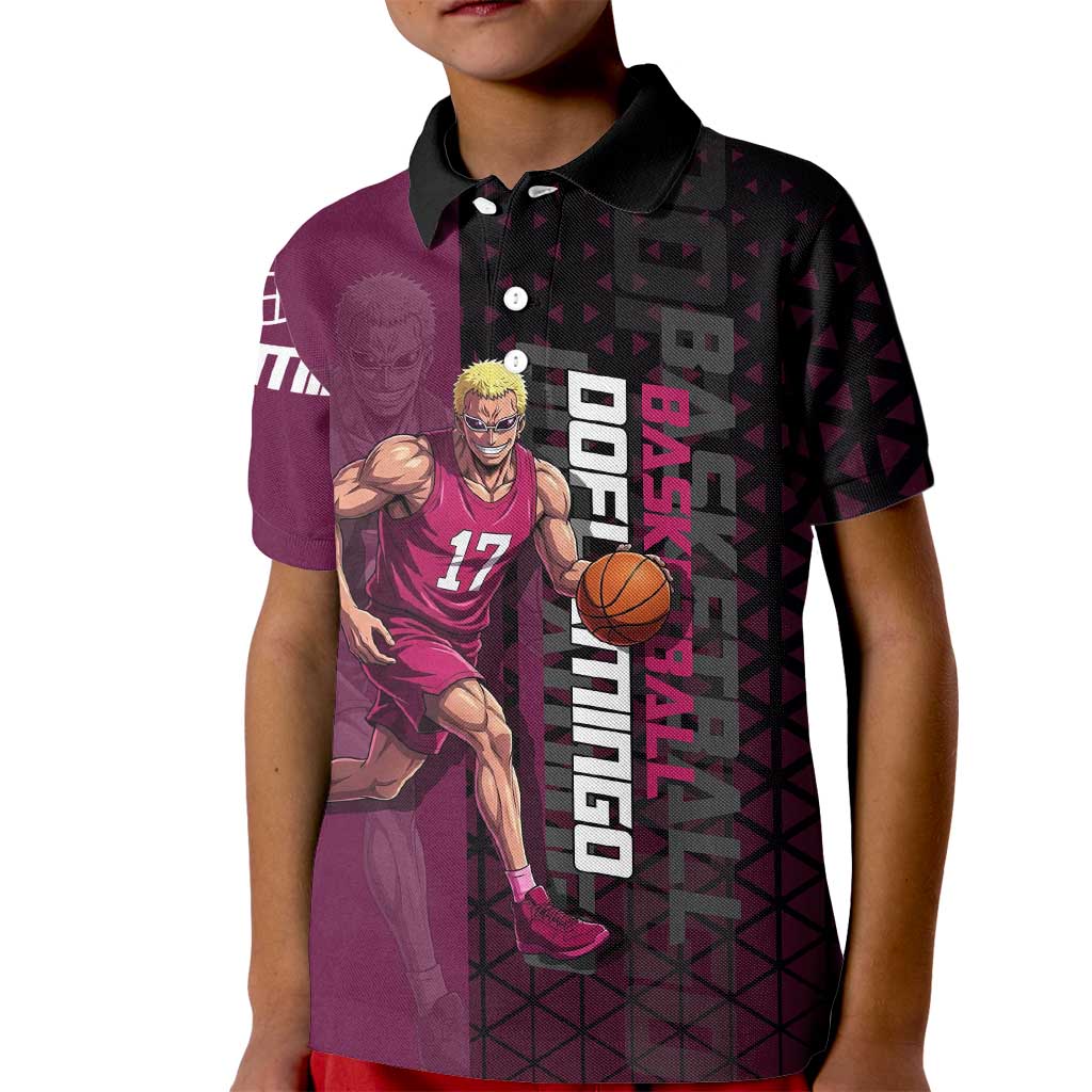 Donquixote Doflamingo One Piece Basketball Theme Maroon and Black Design Kid Polo Shirt with Smiling Emblem and Aggressive Pose - The Mazicc