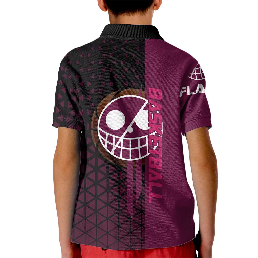 Donquixote Doflamingo One Piece Basketball Theme Maroon and Black Design Kid Polo Shirt with Smiling Emblem and Aggressive Pose - The Mazicc