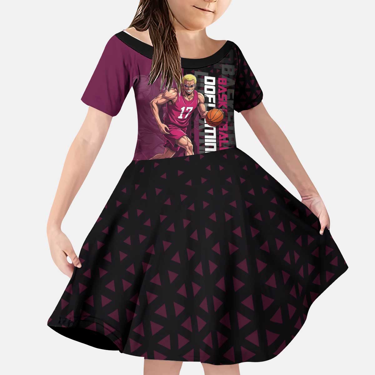 Donquixote Doflamingo One Piece Basketball Theme Maroon and Black Design Kid Short Sleeve Dress with Smiling Emblem and Aggressive Pose - The Mazicc